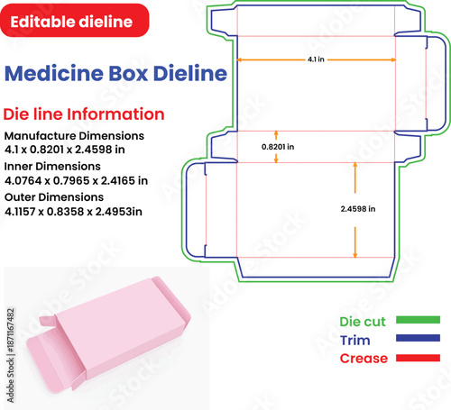 Medicine Box Dieline Template With Dimensions And Color Key packaging die cut