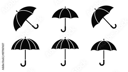 Collection of various black umbrellas in different positions a clean silhouette