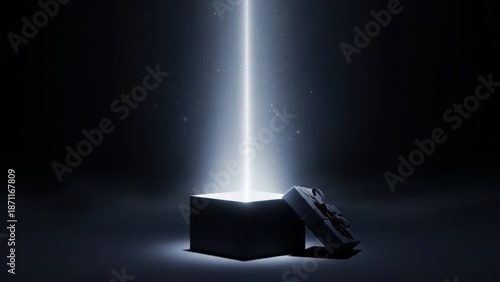 Mysterious black box opening with bright light beam emerging