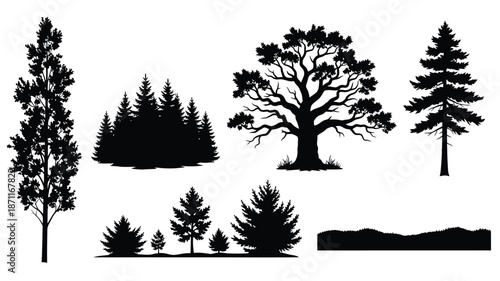 A collection of various tree and mountain shapes in black silhouette