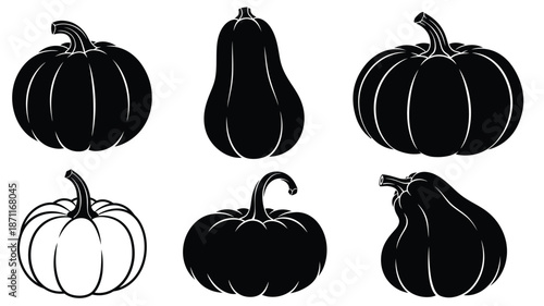 A collection of various pumpkin shapes in a striking black silhouette