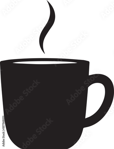 A simple black silhouette of a steaming hot coffee mug