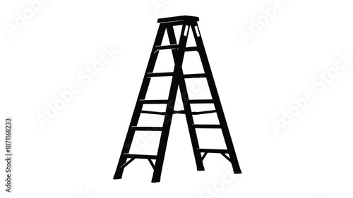 A tall black ladder stands isolated against a white background silhouette