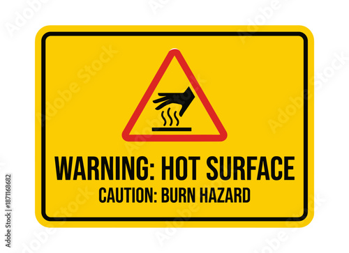 Yellow warning sign indicating hot surface burn hazard