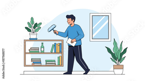 Man uses a duster to clean dust from a bookshelf filled with books and potted plants in a modern living room setting.