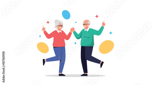 Happy senior man and woman dancing together with joy against a background of colorful abstract shapes and star icons.