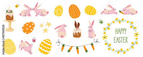Vector illustration set with Easter bunnies, decorated eggs, carrots, spring flowers, cake, garland and wreath. Design for holiday card, poster
