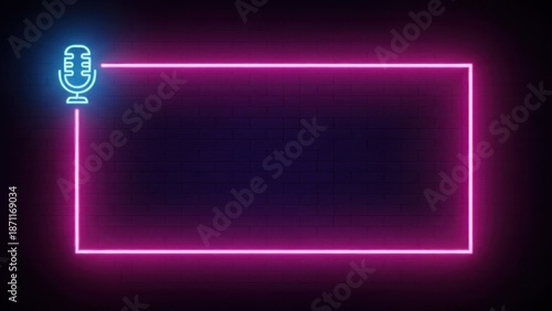 Neon microphone icon with pink neon frame on dark brick wall background