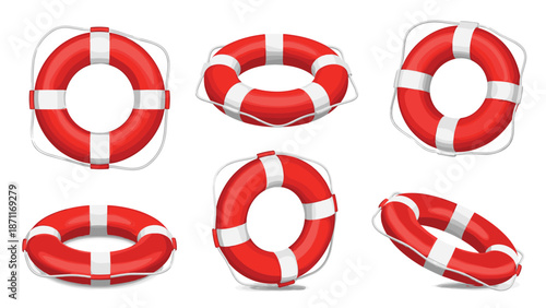 Collection of red and white lifebuoys in various angles and perspectives for marine safety and rescue equipment.