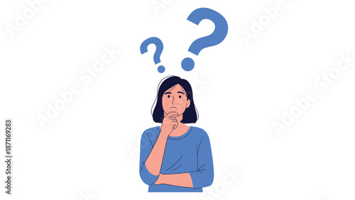 Pensive young woman with her hand on her chin looking up at large blue question marks above her head in a thoughtful pose.