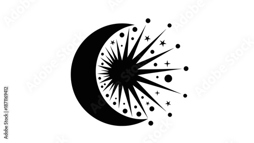 Crescent Moon with Starburst and Dots Illustration.