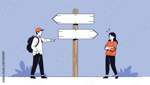 Man with a backpack pointing at a signpost while a confused woman tries to decide which direction to take at a crossroads.