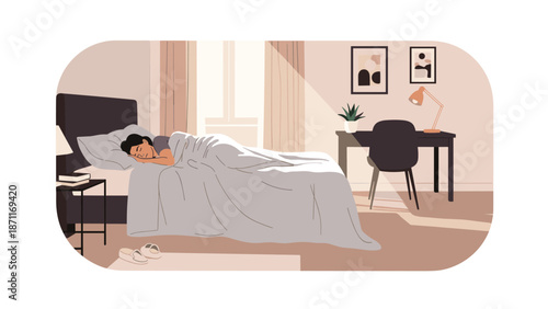 Peaceful scene of a person sleeping in a comfortable bed in a well lit bedroom with morning sunlight streaming through the window.