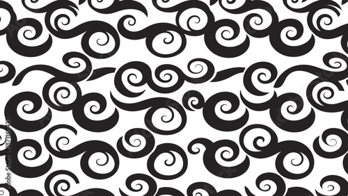 Black swirling patterns on a white background, abstract design elements.