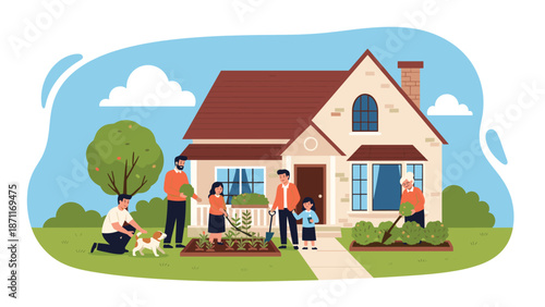 Happy family with children and grandparents working together in the garden in front of their beautiful suburban home.