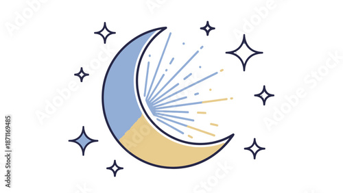 Crescent Moon with Stars and Sparkles Illustration.