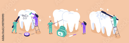 Dental checkup illustration set. Doctor dentist, medical staff characters making professional teeth cleaning, treatment and oral hygiene. Preventive health care vector concept.
