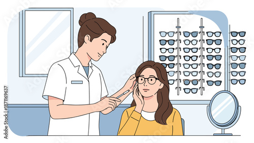 Young woman trying on a pair of stylish glasses at an eyewear store with the help of a professional female optician.