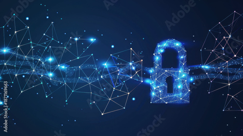 Digital Fortress: Conceptual image showing a digital lock symbolizing online data security, surrounded by a network of interconnected nodes representing the internet.