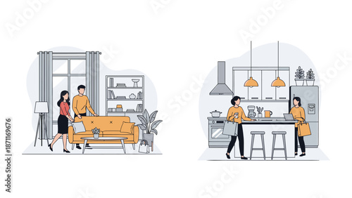 Two scenes showing a couple arranging furniture in a living room and women preparing food in a modern kitchen setting.