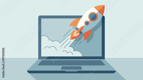 A stylized illustration of a rocket launching from a laptop screen, symbolizing rapid growth or a new venture.
