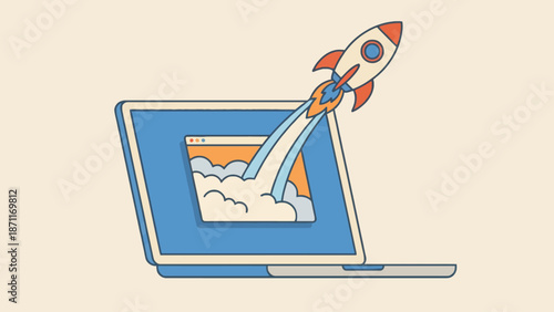 A rocket launching from a laptop screen, symbolizing startup, innovation, or fast performance in the digital age.