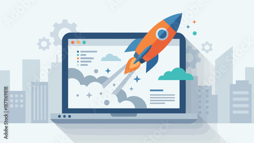 A laptop screen displays a website with a rocket launching from it, symbolizing startup and growth, set against a cityscape.
