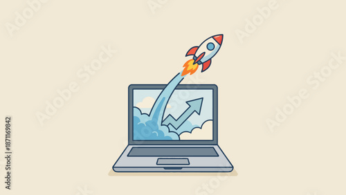 A laptop screen displays a rocket launching into the sky with an upward trending graph, symbolizing rapid growth and technological advancement.