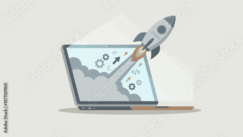 A rocket launching from a laptop screen, symbolizing startup, development, and technology.