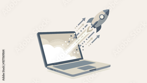 A laptop computer launching a rocket into the sky, symbolizing speed and innovation in technology.