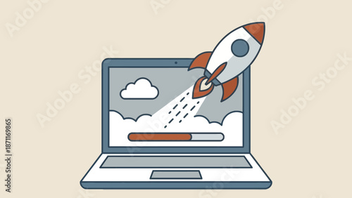 A laptop screen displaying a rocket launching with a progress bar, symbolizing fast startup and technological advancement.