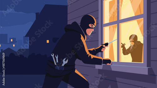 Masked thief wearing a balaclava attempting to break into a house through a window at night with burglary tools.