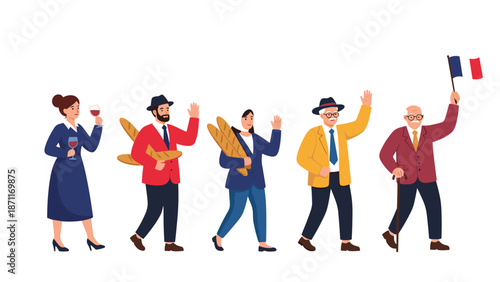 Group of people representing French culture with wine glasses, baguettes, and a flag in a flat illustration style.