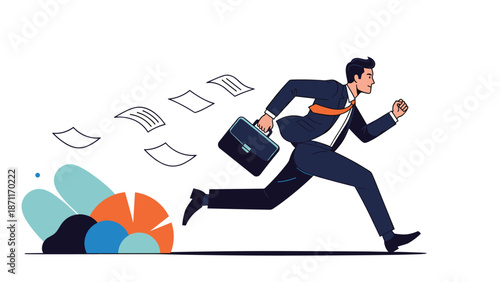 Stressed businessman in a suit running quickly while holding a briefcase with papers flying out from behind him.