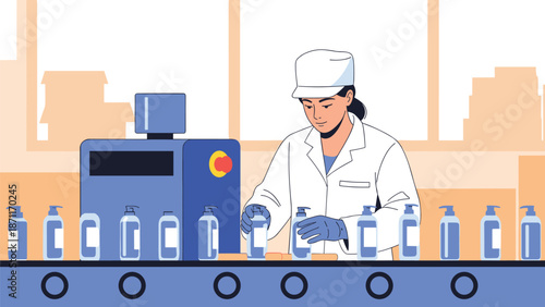 Female factory worker wearing a uniform and cap operating a conveyor belt for bottling products in a laboratory.