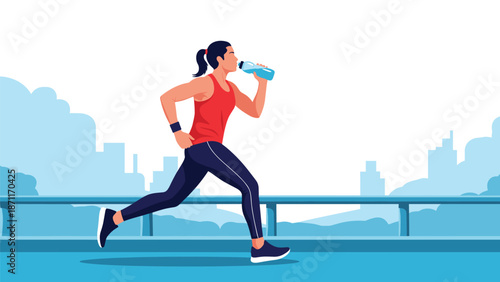 Active woman in sportswear jogging on a city bridge while drinking water from a bottle to stay hydrated during exercise.