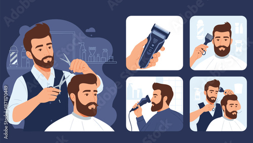 Professional barber cutting a man's hair and beard in a barbershop with various tools and techniques shown.