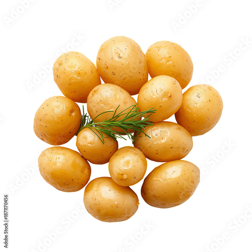 Pile of Baby Potatoes With Sprig of Rosemary Displayed on a White Surface