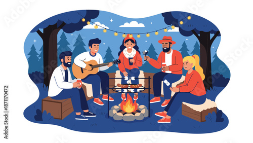 Group of friends enjoying a night outdoors around a glowing campfire with music, food, and drinks in the forest.