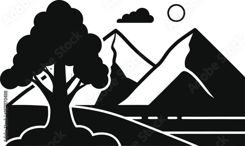 Black and white mountain landscape with tree and road