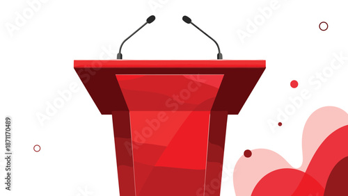 Empty red public speaking podium with two microphones on a decorative background for a presentation or speech.