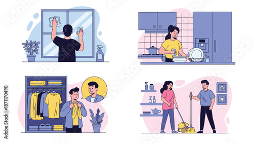 Set of illustrations showing men and women performing various household chores like cleaning, washing, and tidying.