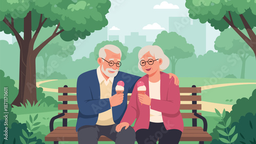 Happy senior couple sitting on a park bench and enjoying ice cream cones while spending quality time together.