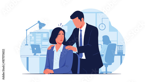 Uncomfortable woman experiencing sexual harassment from a male coworker touching her shoulder in an office.