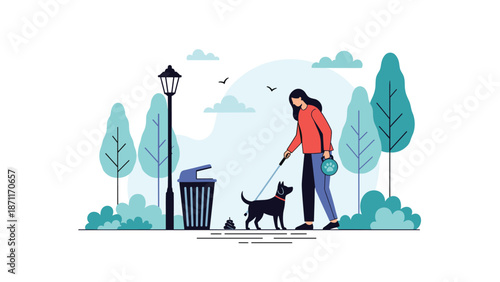 Responsible woman walking her black dog on a leash in a city park and picking up after it near a trash bin.