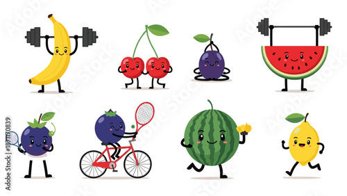 Cute cartoon fruits like banana, watermelon, and lemon performing various sports and exercises for a healthy theme.