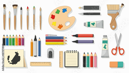 A colorful collection of art supplies and stationery items arranged neatly on a white background