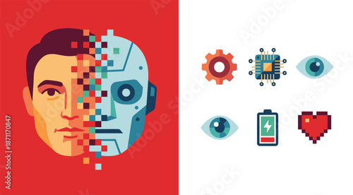 Human cyborg face transforming digitally with technology icons