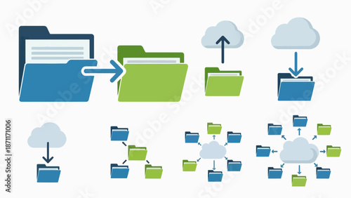 A vector graphic illustrating cloud storage and data synchronization across multiple devices