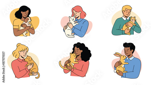 Collection of people showing love and affection to their domestic pets like dogs, cats, and a rabbit.